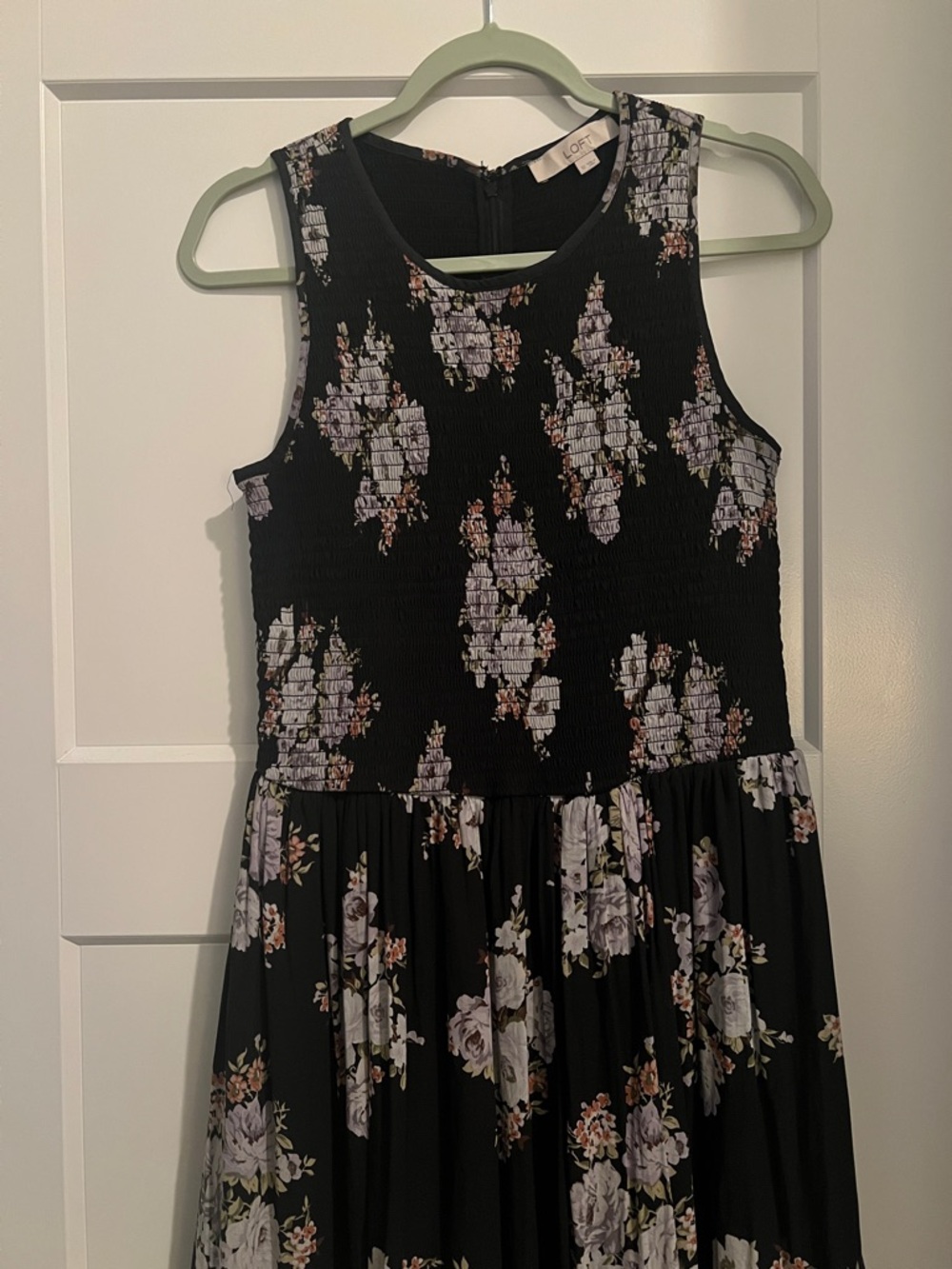 LOFT Blue Floral Smocked Bodice Midi Dress
